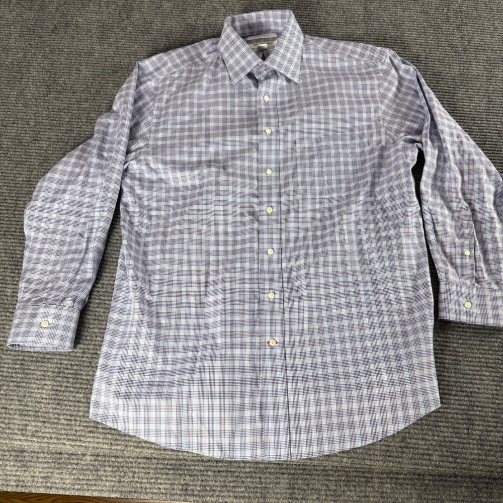 Cremieux Mens Glen Plaid Dress Shirt Blue White 100% Pima Cotton Non-Iron 16.533